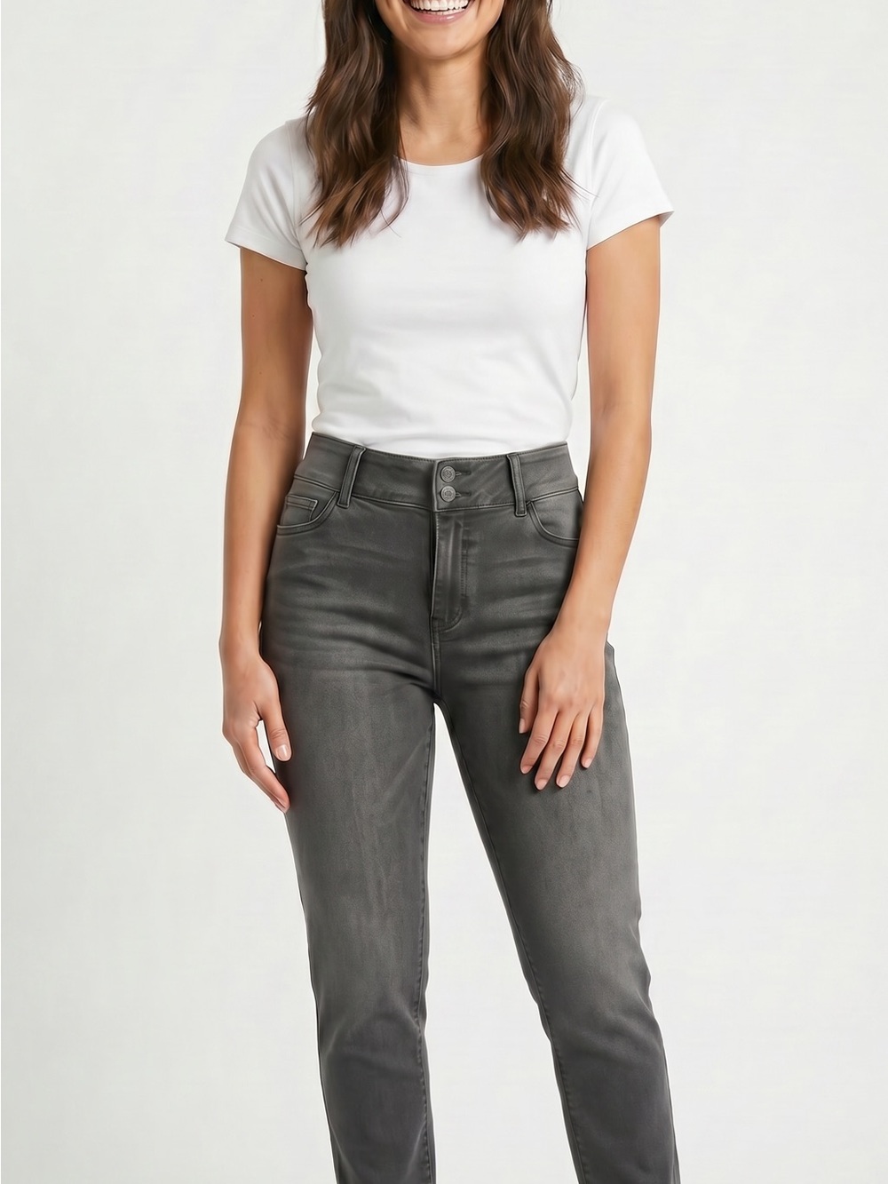 Nine West Women’s High-Rise Straight Jeans in Charcoal. Stretch for comfort.